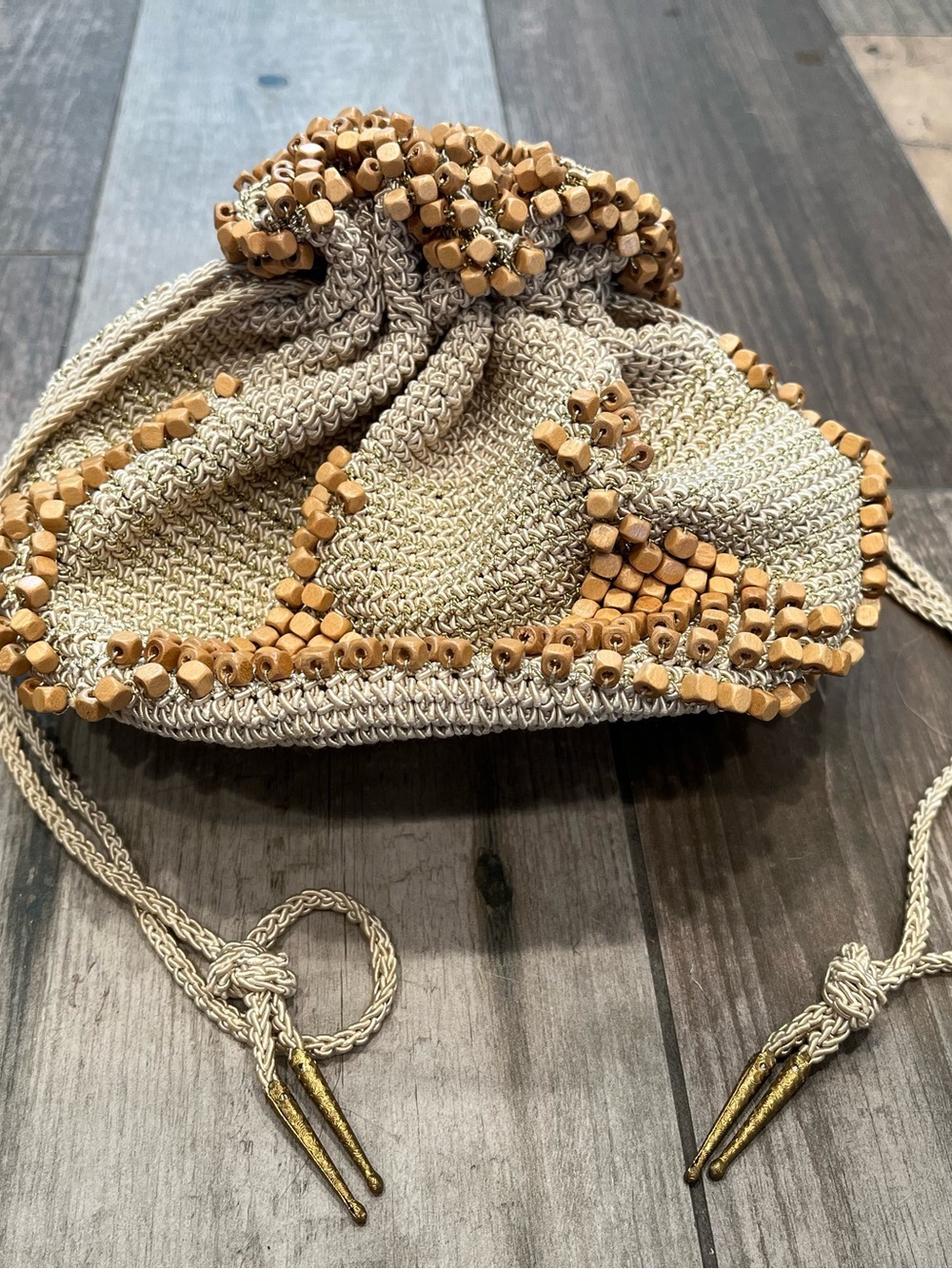 Vintage Crochet & Wood Beaded Cinch Purse Bag Plastic Bottom Boho Hippie 60’s